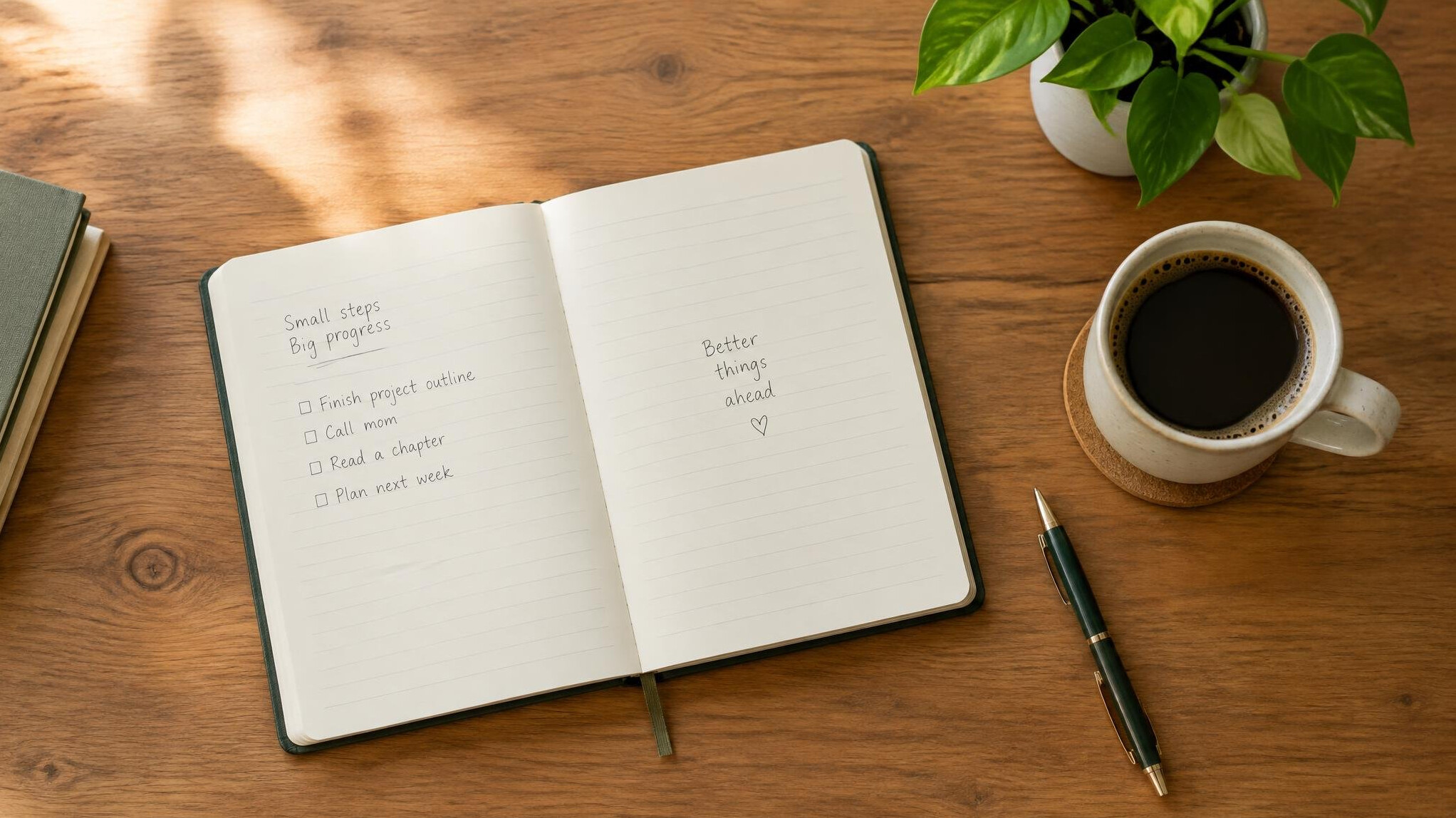 Flat lay of a notebook, pen and plant on a desk representing personal growth